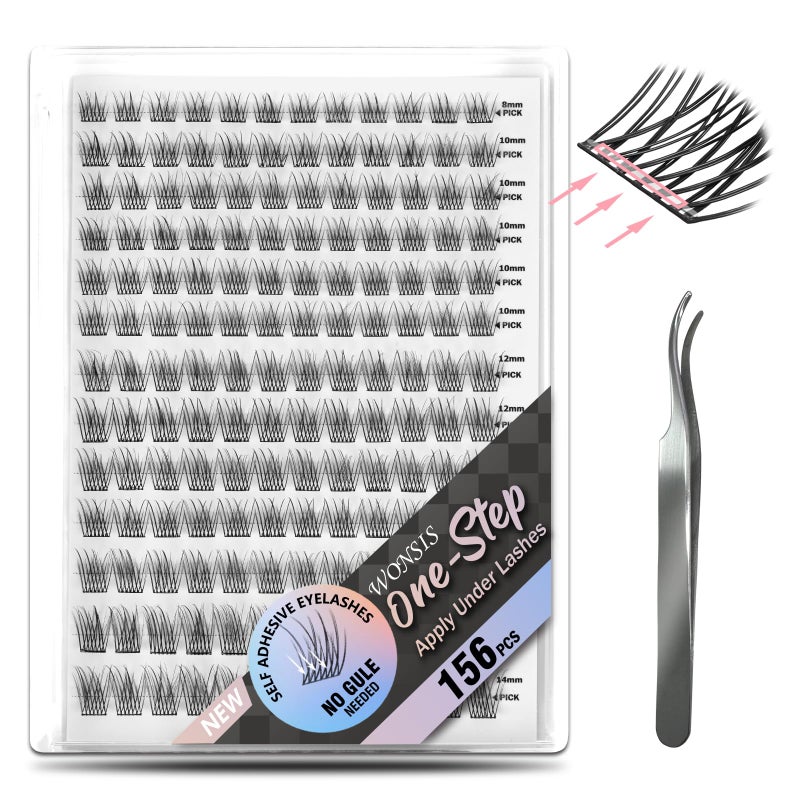 WONSIS Self Adhesive Eyelashes 156 Pcs Self Adhesive Eyelash Clusters No Glue Needed Invisible Strip Tape  Longer Lasting No Sticky Residue Pre Glued Eyelashes NaturalMixed
